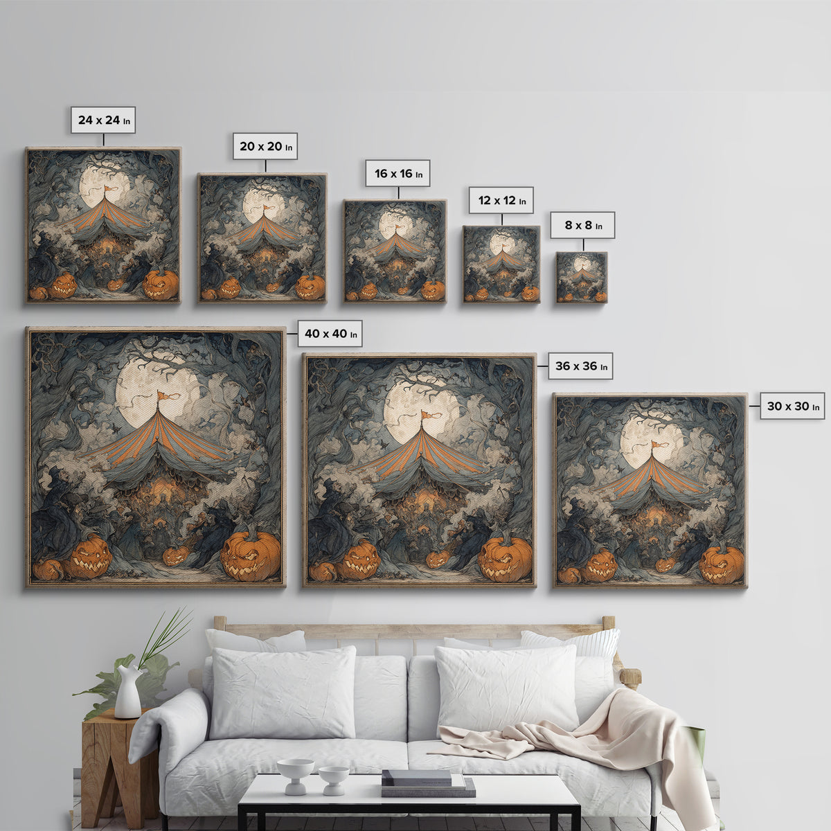 The Jack-O'-Lantern Circus, Gothic Storybook Art, Square Wall Art, Dark Halloween Decor, Framed Canvas Print, Halloween Wall Art