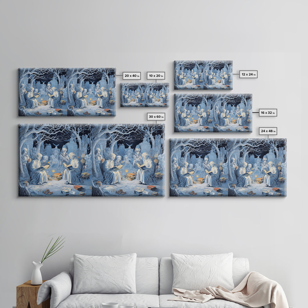 The Graveyard Book Club, Northern Renaissance Horror, Wide Panoramic Art, Macabre Wall Art, Framed Canvas Print
