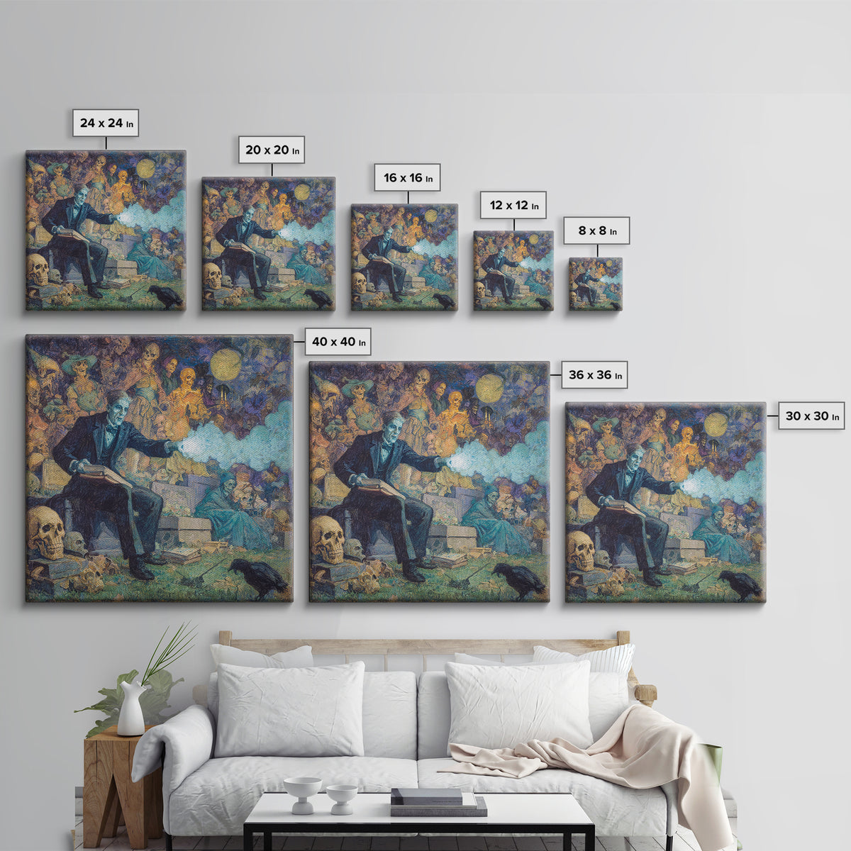 The Graveyard Book Club, Grotesque Carnival Art, Square Wall Art, Gothic Horror Wall Art, Canvas Print, Halloween Wall Art