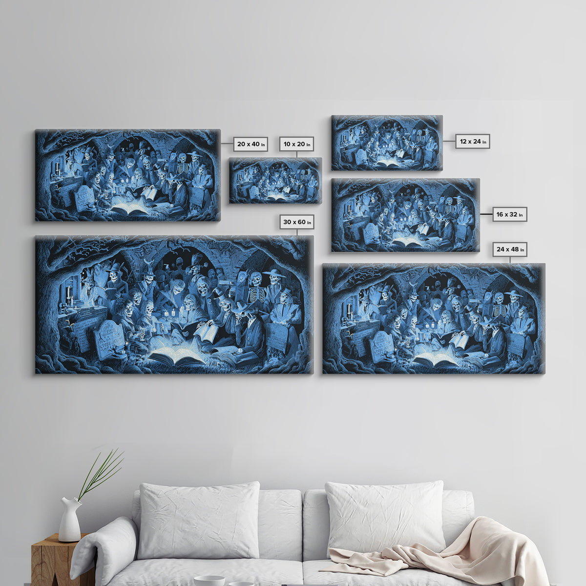 The Graveyard Book Club, Macabre Folk Print Art, Wide Panoramic Art, Macabre Wall Art, Canvas Print, Halloween Wall Art