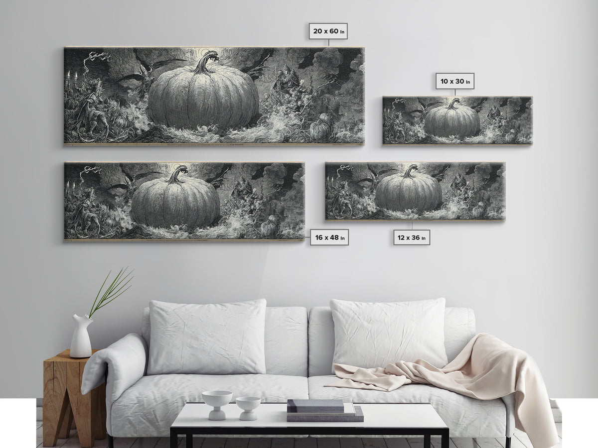 The Cosmic Pumpkin God, Renaissance Engraving Art, Extra Wide Wall Art, Macabre Wall Art, Framed Canvas Print, Halloween Wall Art