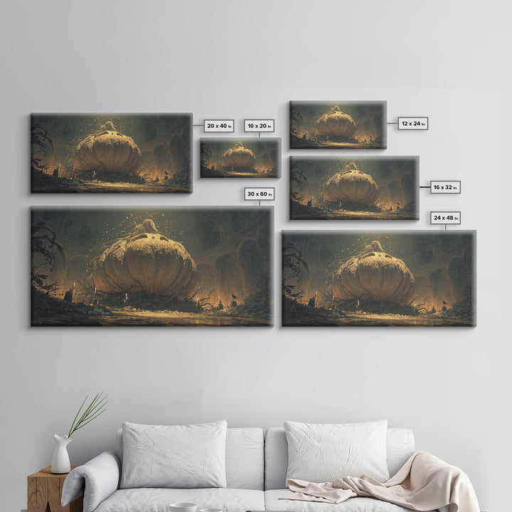 The Cosmic Pumpkin God, Dark Romantic Horror Art, Wide Panoramic Art, Gothic Horror Wall Art, Framed Canvas Print, Halloween Wall Art
