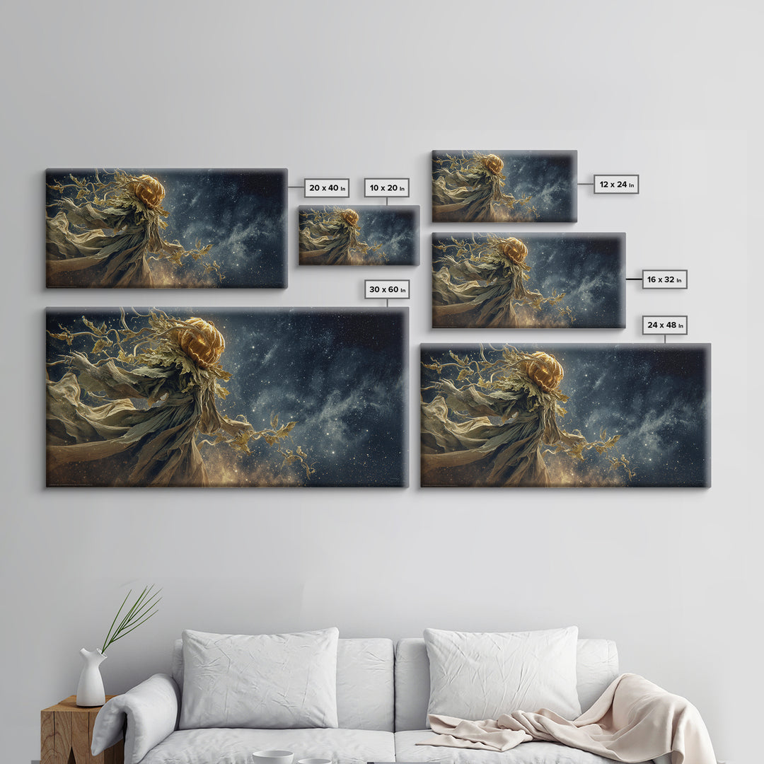 The Cosmic Pumpkin God, Visionary Gothic Art, Wide Panoramic Art, Dark Fantasy Wall Art, Framed Canvas Print, Halloween Wall Art