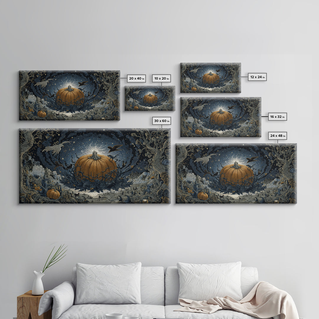 The Cosmic Pumpkin God, Romantic Gothic Landscape, Wide Panoramic Art, Macabre Wall Art, Framed Canvas Print, Halloween Wall Art