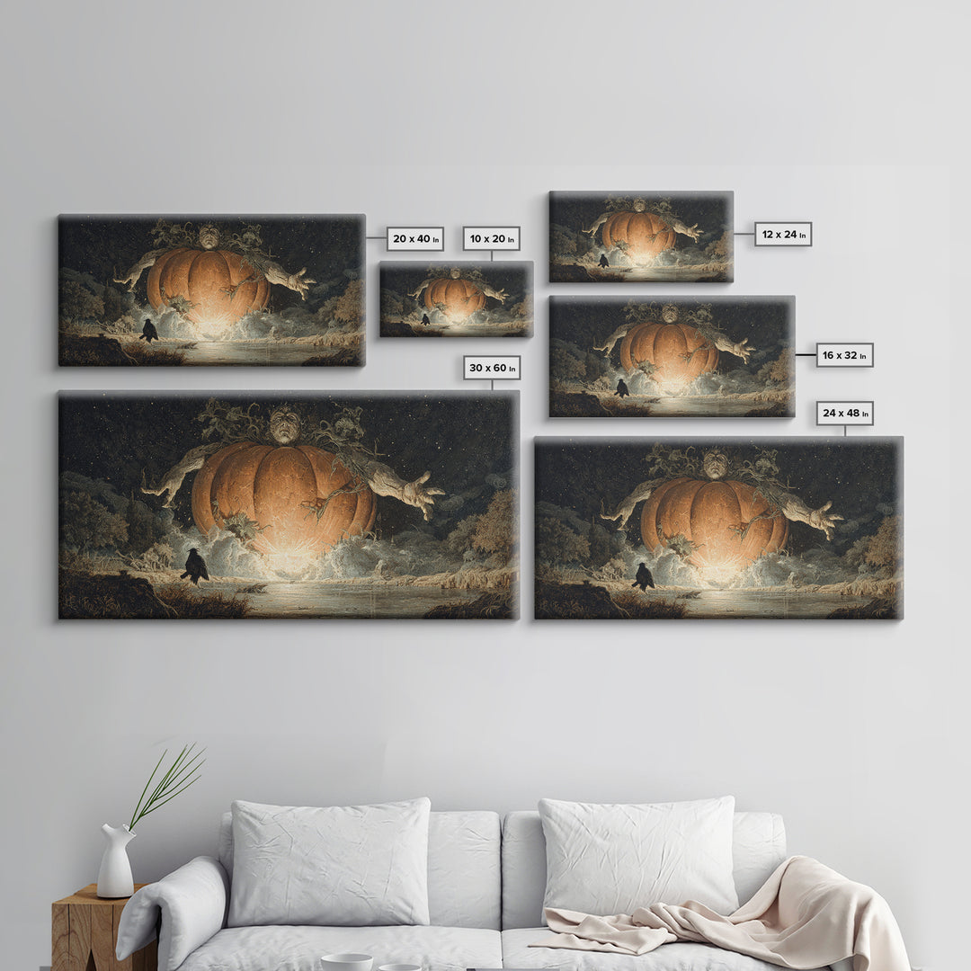 The Cosmic Pumpkin God, Symbolist Gothic Landscape, Wide Panoramic Art, Dark Halloween Decor, Canvas Print, Halloween Wall Art