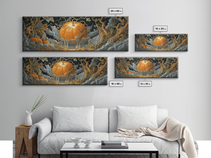 The Cosmic Pumpkin God, Symbolist Etching Art, Extra Wide Wall Art, Dark Halloween Decor, Framed Canvas Print, Halloween Wall Art