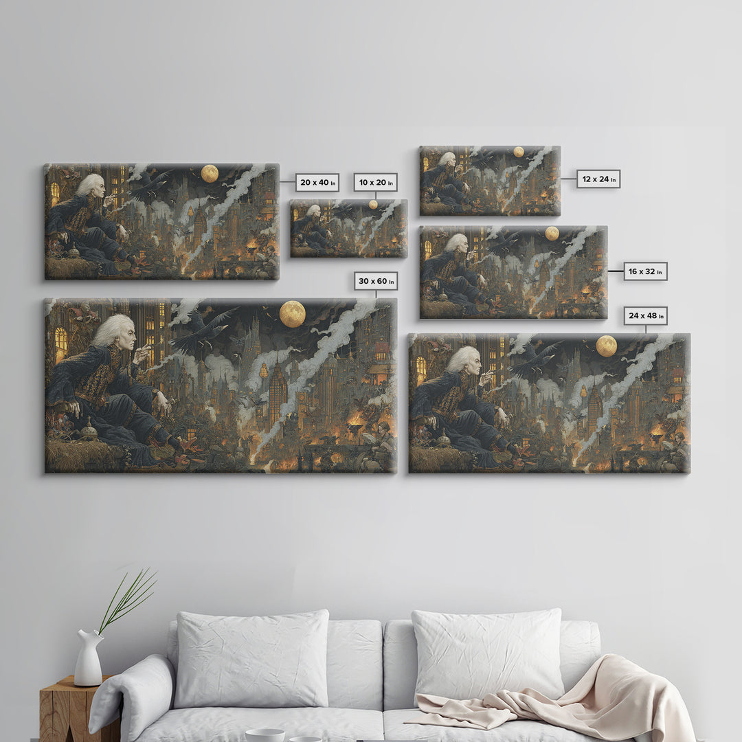 The Haunted City Skyline, Medieval Grotesque Art, Wide Panoramic Art, Dark Halloween Decor, Canvas Print, Halloween Wall Art