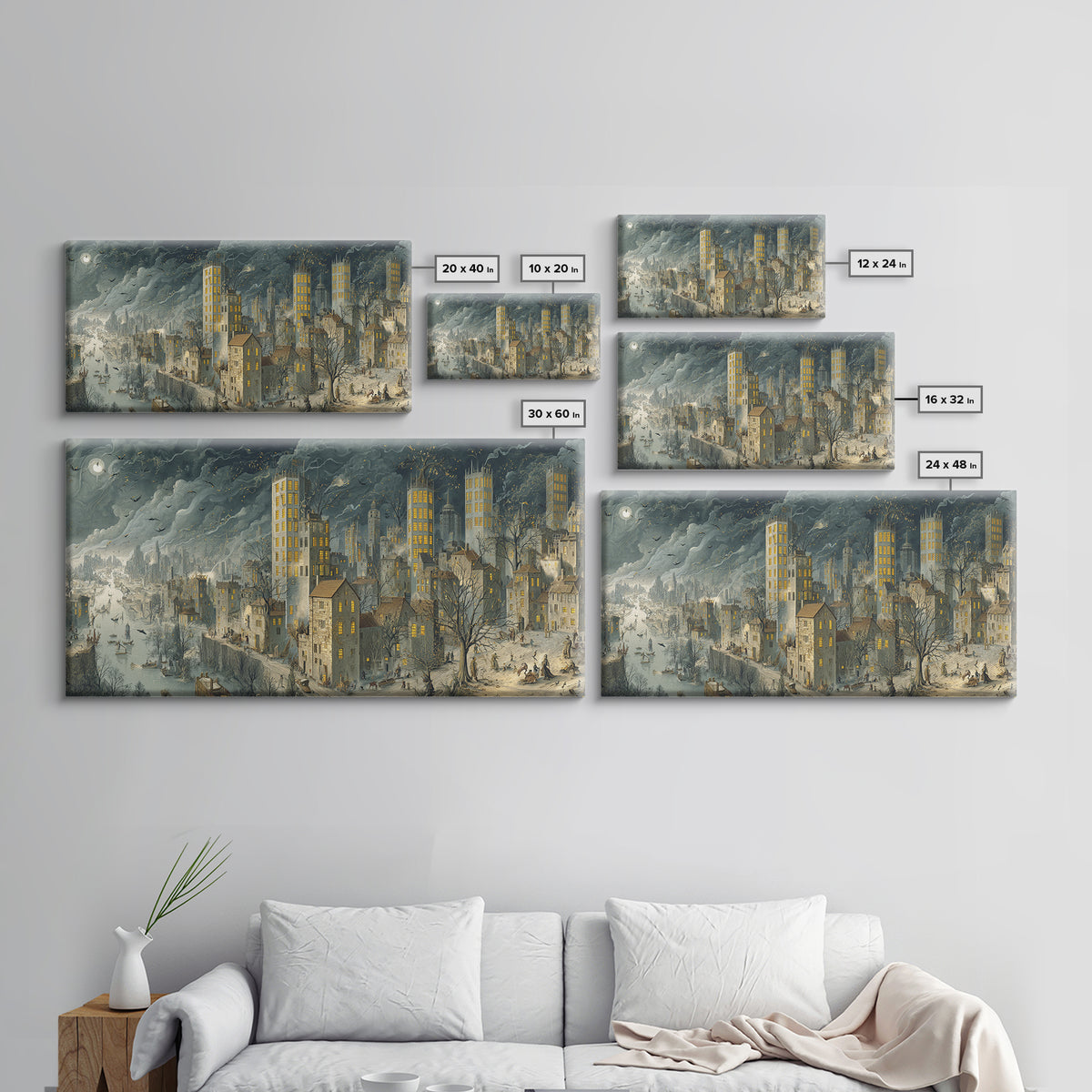 The Haunted City Skyline, Northern Renaissance Horror, Wide Panoramic Art, Gothic Horror Wall Art, Framed Canvas Print