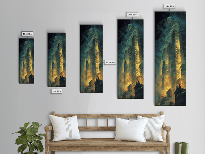 The Haunted City Skyline, Gothic Nightmare Art, Tall Narrow Wall Art, Dark Halloween Decor, Canvas Print, Halloween Wall Art