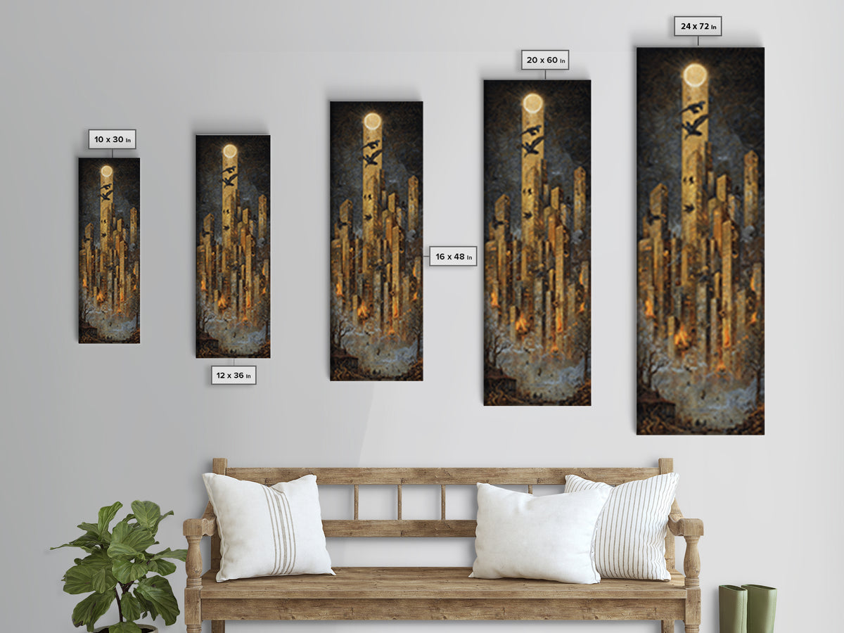 The Haunted City Skyline, Visionary Gothic Art, Tall Narrow Wall Art, Macabre Wall Art, Framed Canvas Print, Halloween Wall Art