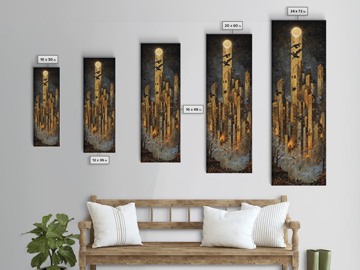 The Haunted City Skyline, Visionary Gothic Art, Tall Narrow Wall Art, Macabre Wall Art, Framed Canvas Print, Halloween Wall Art