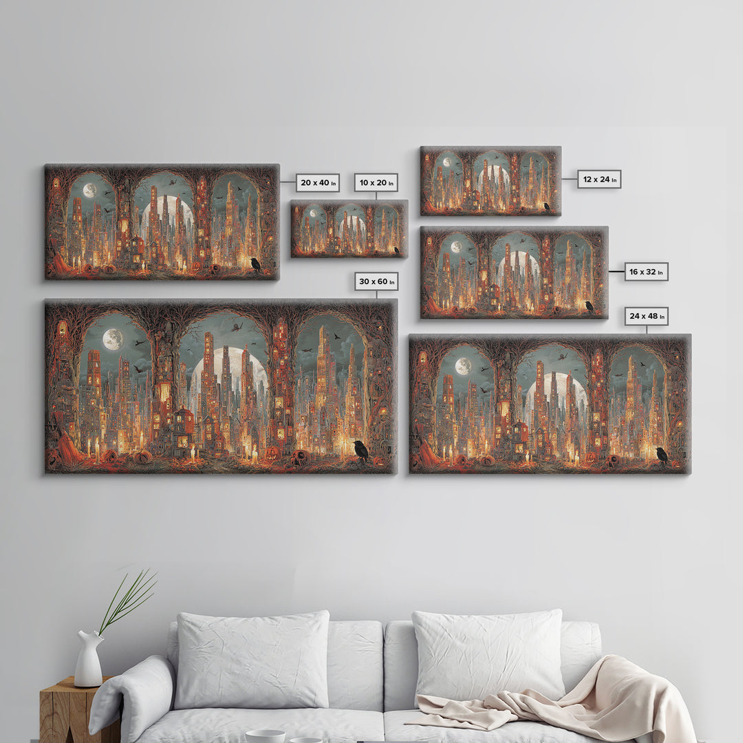 The Haunted City Skyline, Apocalyptic Romantic Art, Wide Panoramic Art, Macabre Wall Art, Canvas Print, Halloween Wall Art