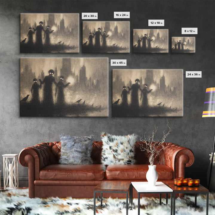 The Haunted City Skyline, Symbolist Dream Art, Landscape Wall Art, Dark Halloween Decor, Framed Canvas Print, Halloween Wall Art