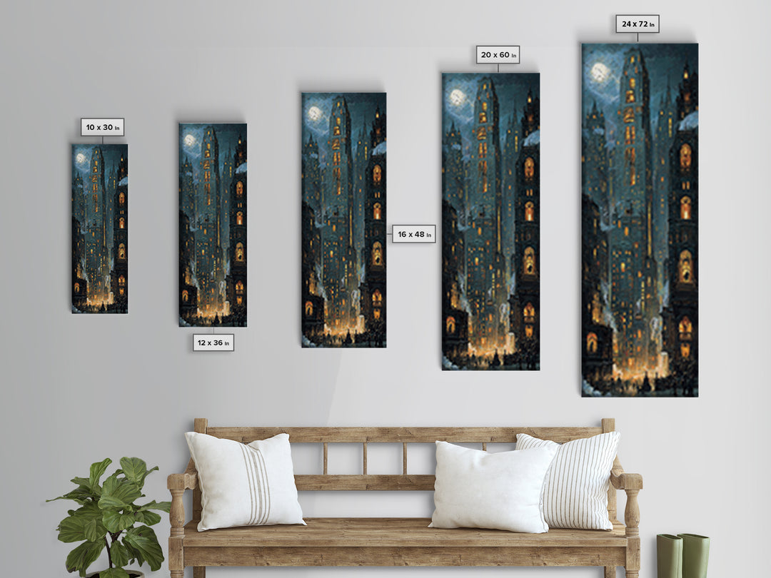 The Haunted City Skyline, Ornate Symbolist Art, Tall Narrow Wall Art, Gothic Horror Wall Art, Framed Canvas Print, Halloween Wall Art