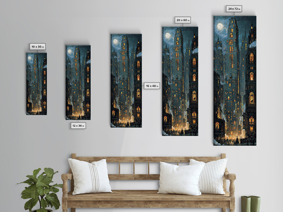 The Haunted City Skyline, Ornate Symbolist Art, Tall Narrow Wall Art, Gothic Horror Wall Art, Framed Canvas Print, Halloween Wall Art