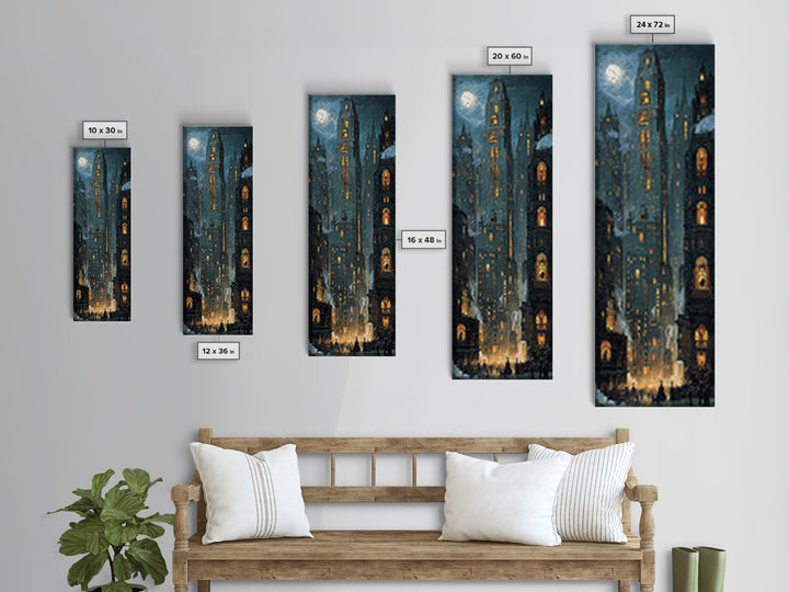 The Haunted City Skyline, Ornate Symbolist Art, Tall Narrow Wall Art, Gothic Horror Wall Art, Framed Canvas Print, Halloween Wall Art