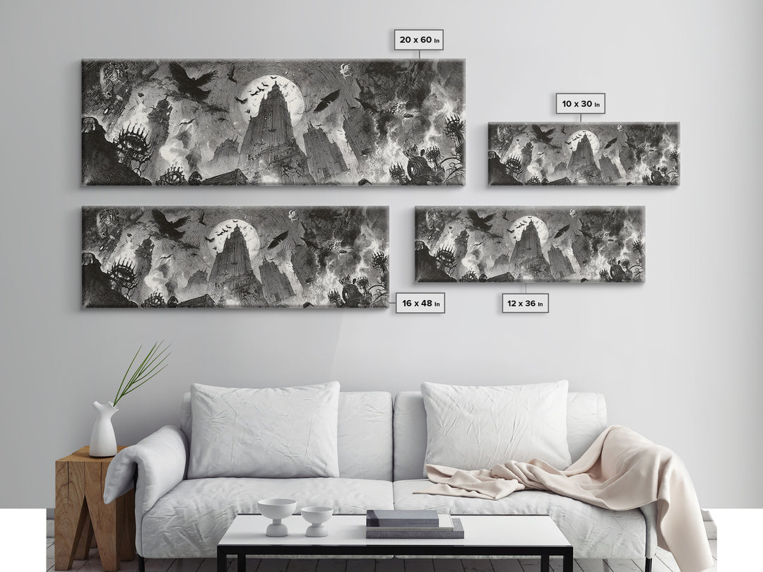 The Haunted City Skyline, Decadent Gothic Art, Extra Wide Wall Art, Macabre Wall Art, Canvas Print, Halloween Wall Art