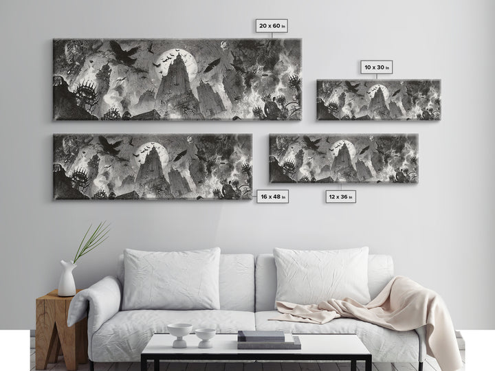 The Haunted City Skyline, Decadent Gothic Art, Extra Wide Wall Art, Macabre Wall Art, Canvas Print, Halloween Wall Art