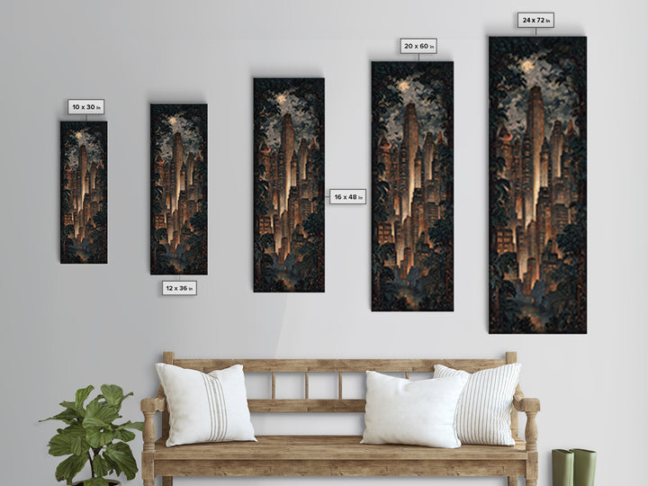 The Haunted City Skyline, Dark Symbolist Art, Tall Narrow Wall Art, Dark Fantasy Wall Art, Framed Canvas Print, Halloween Wall Art