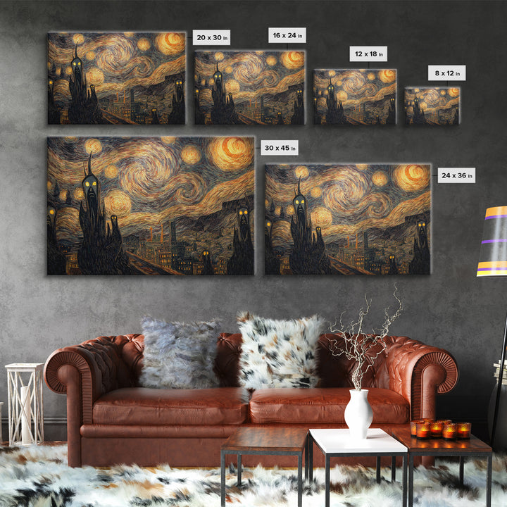 The Haunted City Skyline, Expressionist Gothic Art, Landscape Wall Art, Dark Halloween Decor, Canvas Print, Halloween Wall Art