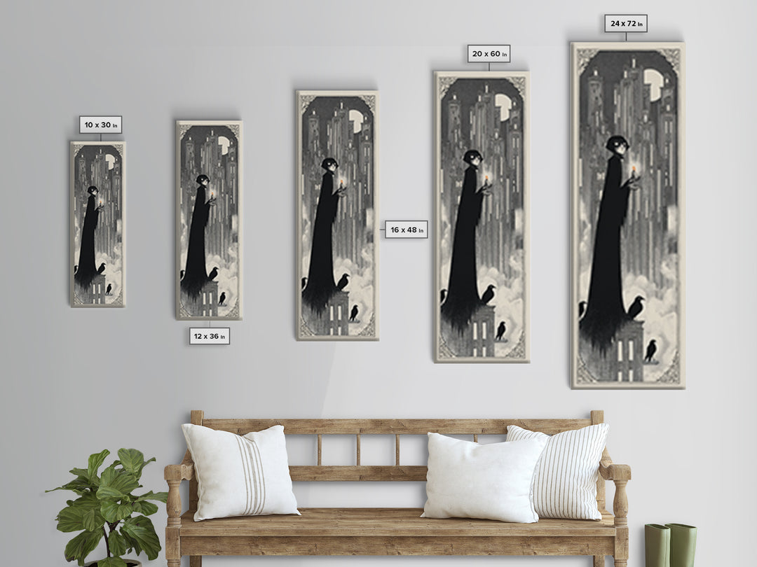The Haunted City Skyline, Decadent Line Art, Tall Narrow Wall Art, Macabre Wall Art, Framed Canvas Print, Halloween Wall Art