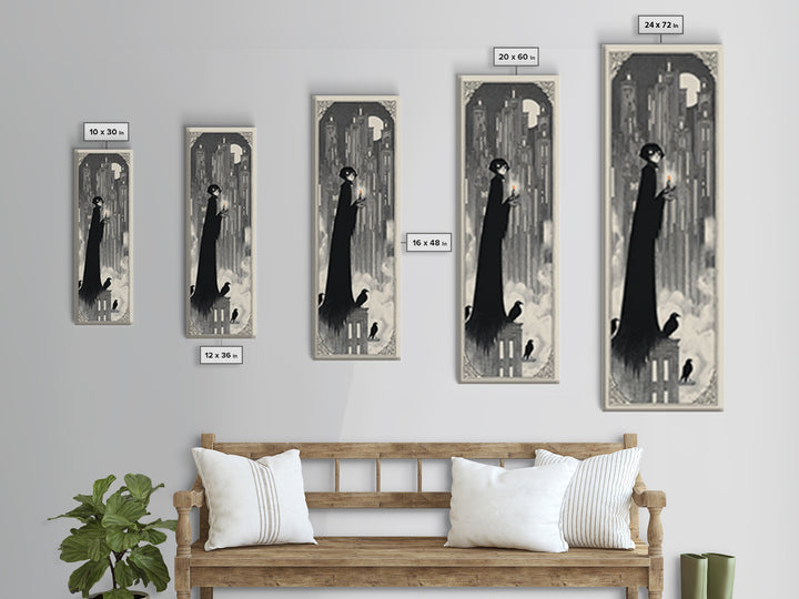The Haunted City Skyline, Decadent Line Art, Tall Narrow Wall Art, Macabre Wall Art, Framed Canvas Print, Halloween Wall Art