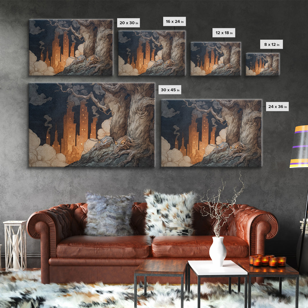 The Haunted City Skyline, Gothic Storybook Art, Landscape Wall Art, Dark Fantasy Wall Art, Canvas Print, Halloween Wall Art