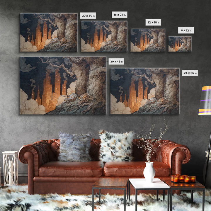 The Haunted City Skyline, Gothic Storybook Art, Landscape Wall Art, Dark Fantasy Wall Art, Canvas Print, Halloween Wall Art