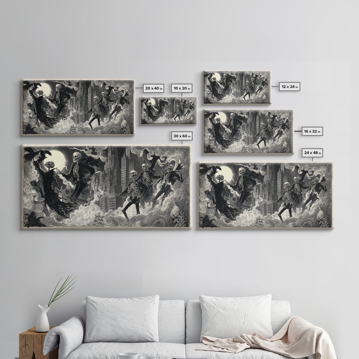 The Haunted City Skyline, Macabre Folk Print Art, Wide Panoramic Art, Gothic Horror Wall Art, Canvas Print, Halloween Wall Art