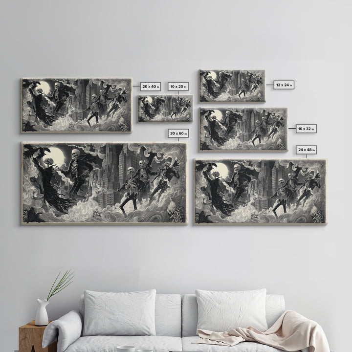 The Haunted City Skyline, Macabre Folk Print Art, Wide Panoramic Art, Gothic Horror Wall Art, Canvas Print, Halloween Wall Art