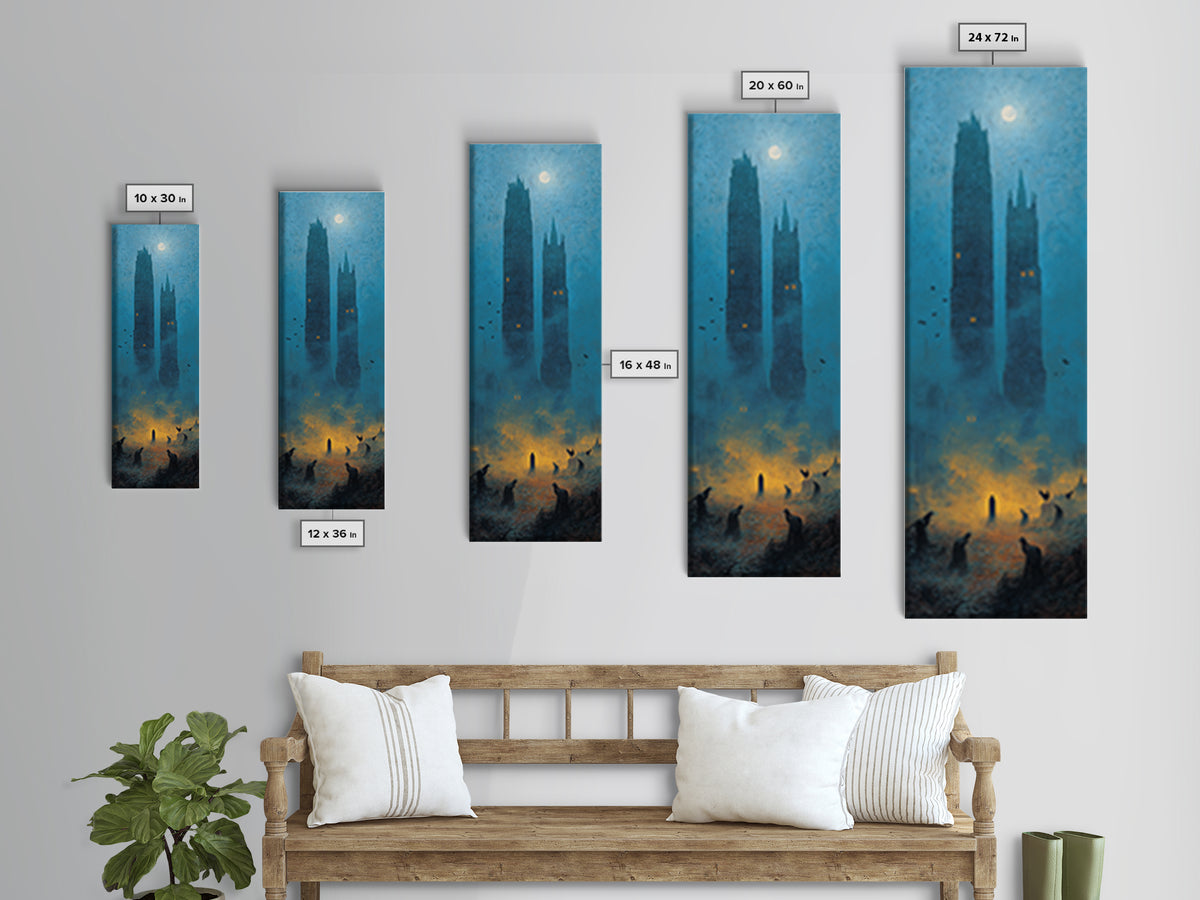 The Haunted City Skyline, Surreal Apocalyptic Art, Tall Narrow Wall Art, Dark Halloween Decor, Framed Canvas Print