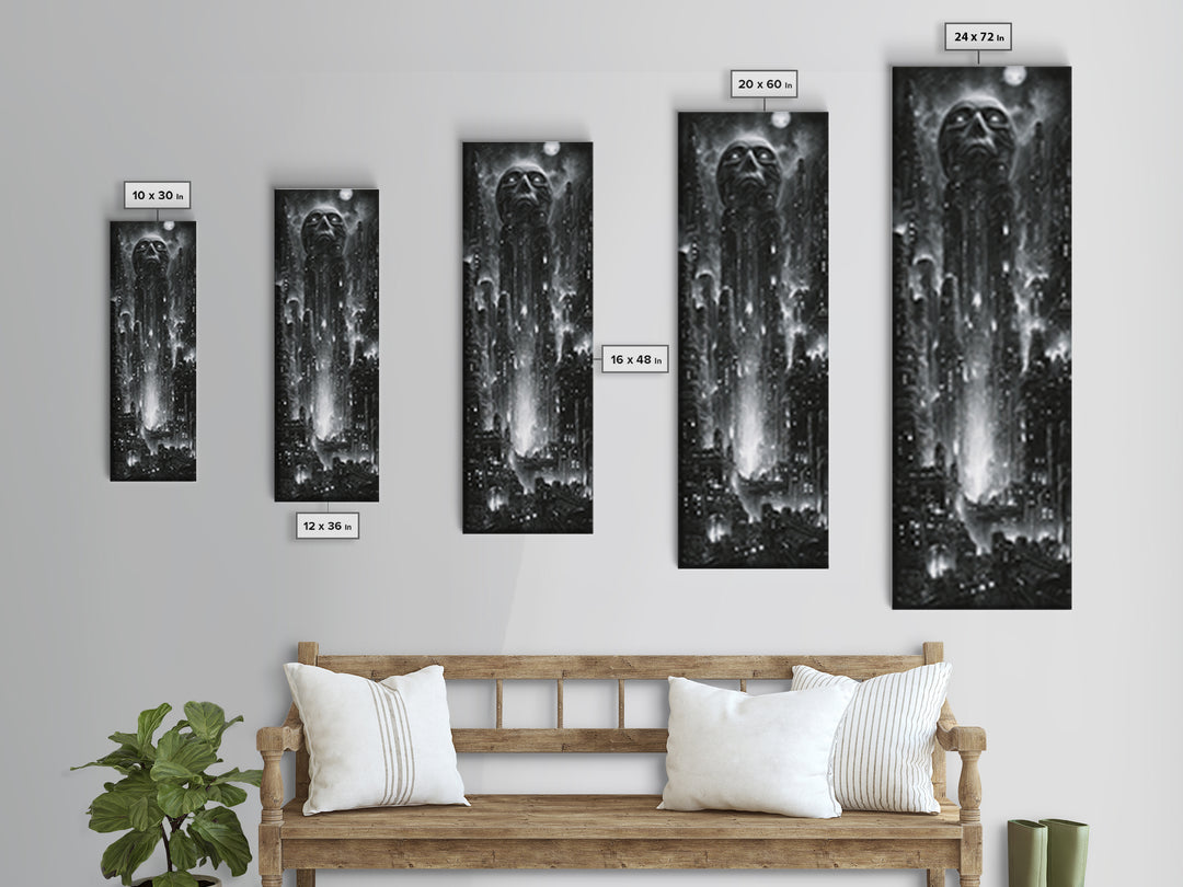 The Haunted City Skyline, Biomechanical Horror Art, Tall Narrow Wall Art, Dark Fantasy Wall Art, Canvas Print, Halloween Wall Art