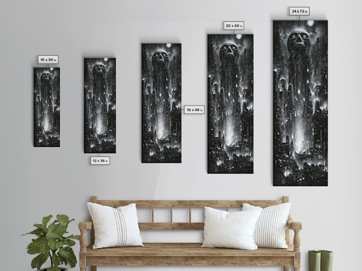 The Haunted City Skyline, Biomechanical Horror Art, Tall Narrow Wall Art, Dark Fantasy Wall Art, Canvas Print, Halloween Wall Art