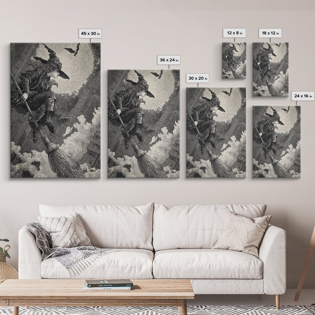 The Cyberpunk Witch, Renaissance Engraving Art, Vertical Wall Art, Dark Fantasy Wall Art, Framed Canvas Print, Halloween Wall Art