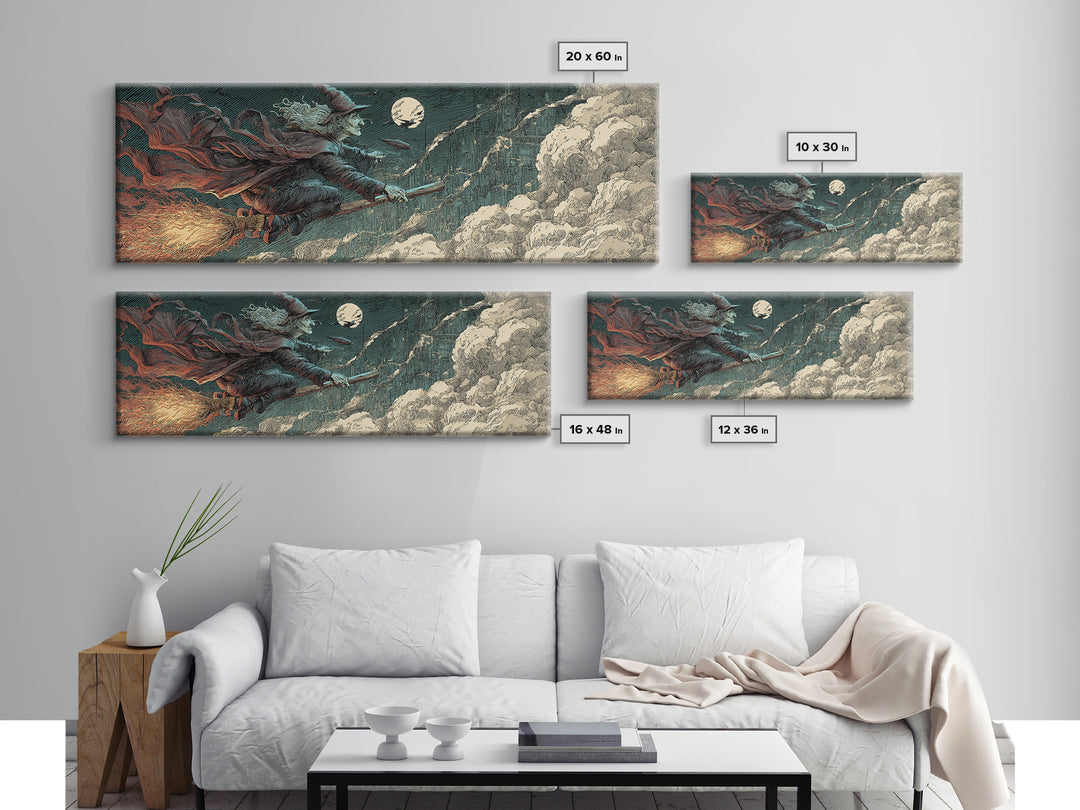 The Cyberpunk Witch, Symbolist Etching Art, Extra Wide Wall Art, Dark Halloween Decor, Canvas Print, Halloween Wall Art