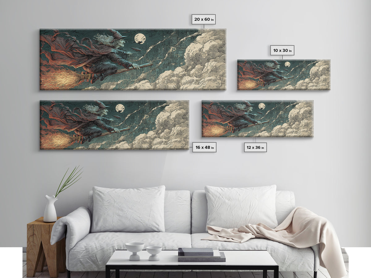 The Cyberpunk Witch, Symbolist Etching Art, Extra Wide Wall Art, Dark Halloween Decor, Canvas Print, Halloween Wall Art