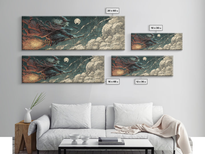 The Cyberpunk Witch, Symbolist Etching Art, Extra Wide Wall Art, Dark Halloween Decor, Canvas Print, Halloween Wall Art