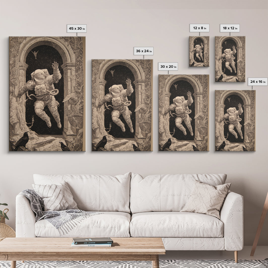 The Astronaut Ghost, Renaissance Engraving Art, Vertical Wall Art, Dark Fantasy Wall Art, Framed Canvas Print, Halloween Wall Art