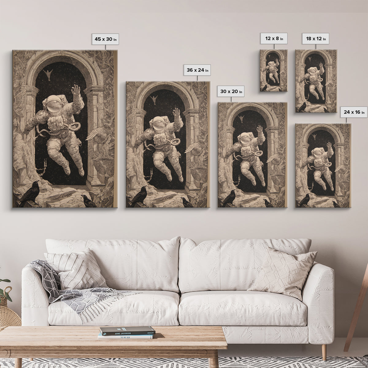 The Astronaut Ghost, Renaissance Engraving Art, Vertical Wall Art, Dark Fantasy Wall Art, Framed Canvas Print, Halloween Wall Art