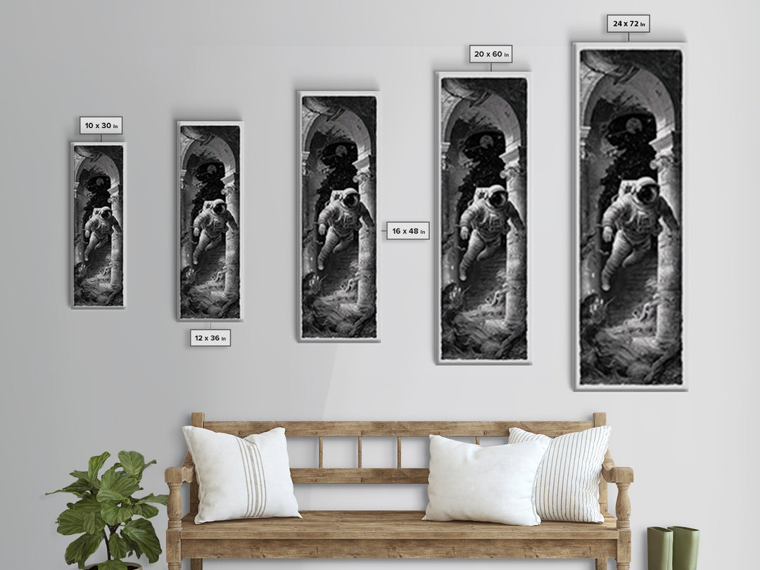 The Astronaut Ghost, Architectural Etching Art, Tall Narrow Wall Art, Dark Halloween Decor, Framed Canvas Print
