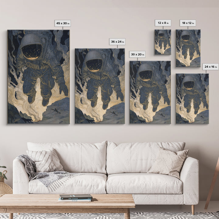 The Astronaut Ghost, Symbolist Etching Art, Vertical Wall Art, Macabre Wall Art, Framed Canvas Print, Halloween Wall Art