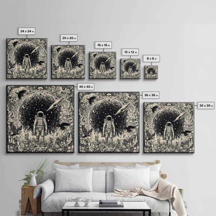 The Astronaut Ghost, Macabre Folk Print Art, Square Wall Art, Dark Halloween Decor, Canvas Print, Halloween Wall Art