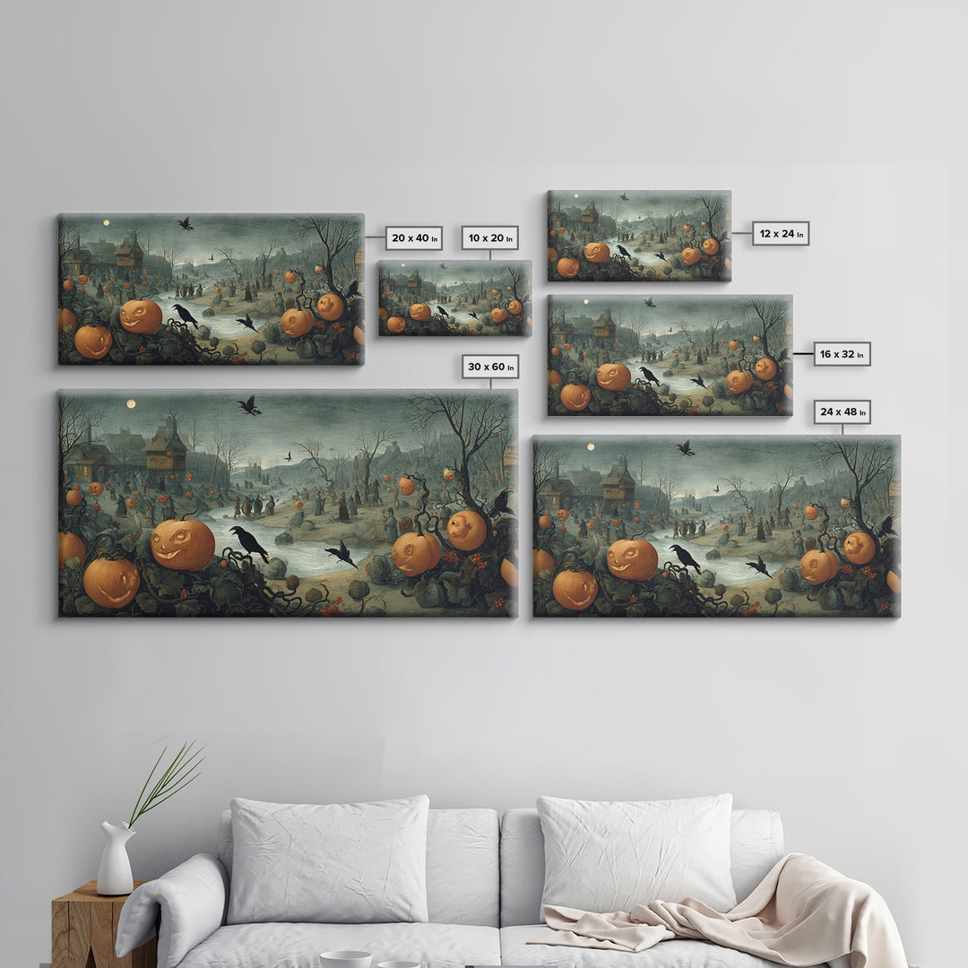 The Alien Pumpkin Patch, Northern Renaissance Horror, Wide Panoramic Art, Dark Halloween Decor, Canvas Print, Halloween Wall Art