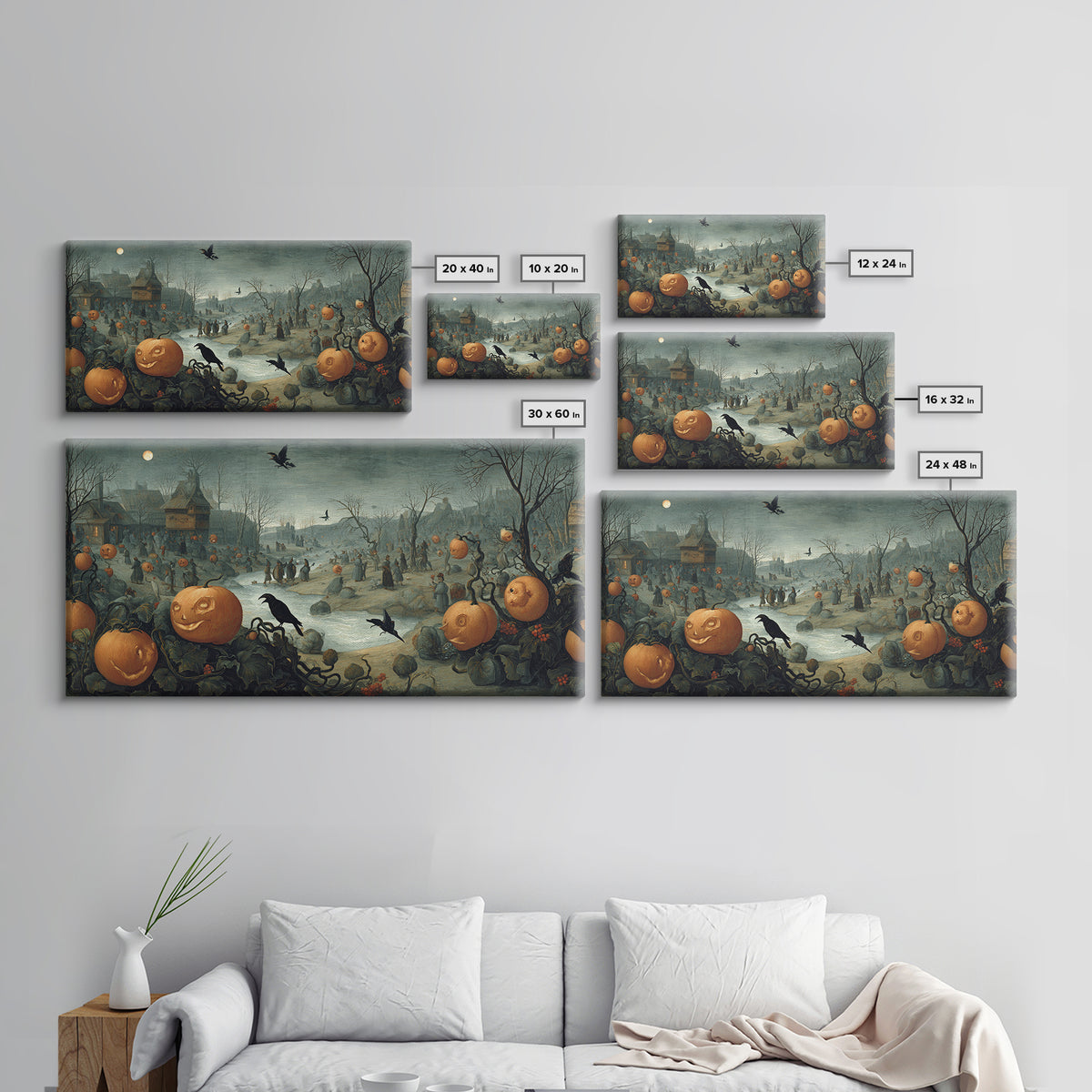 The Alien Pumpkin Patch, Northern Renaissance Horror, Wide Panoramic Art, Dark Halloween Decor, Canvas Print, Halloween Wall Art