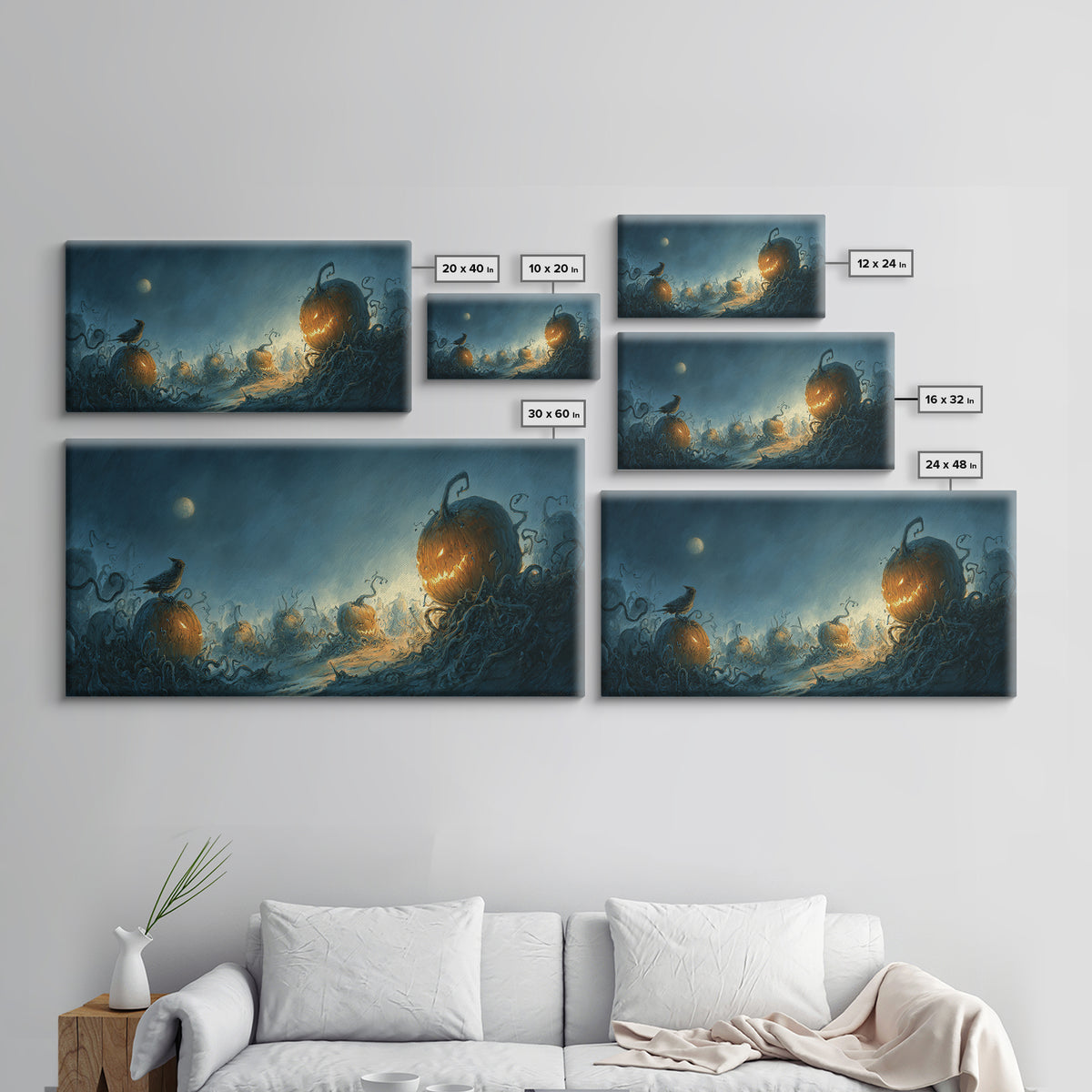 The Alien Pumpkin Patch, Expressionist Nightmare Art, Wide Panoramic Art, Macabre Wall Art, Framed Canvas Print, Halloween Wall Art