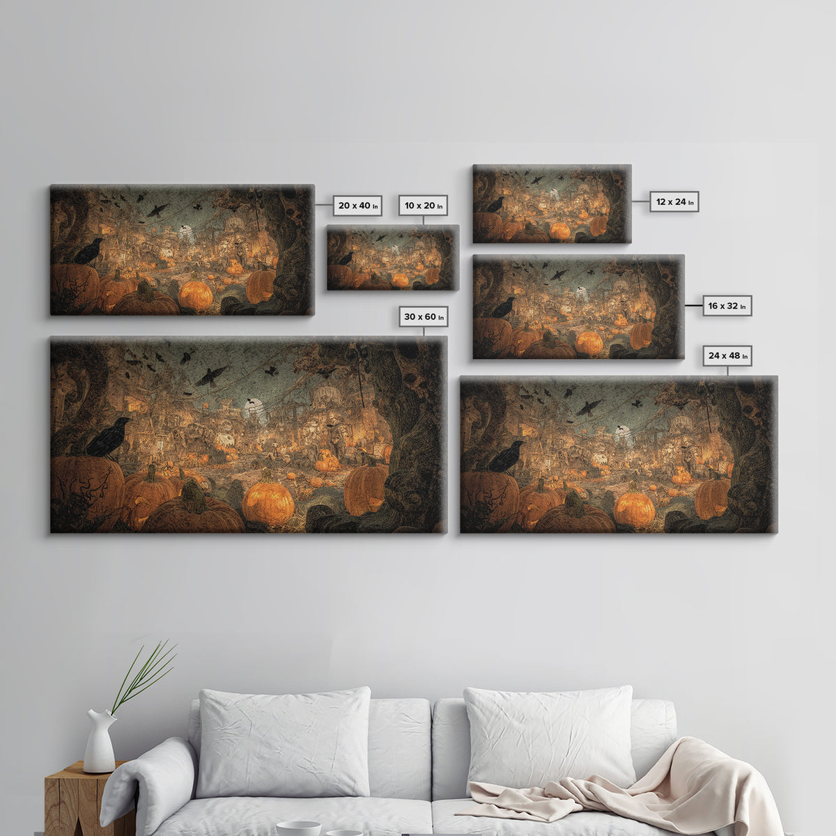 The Alien Pumpkin Patch, Grotesque Carnival Art, Wide Panoramic Art, Gothic Horror Wall Art, Framed Canvas Print, Halloween Wall Art