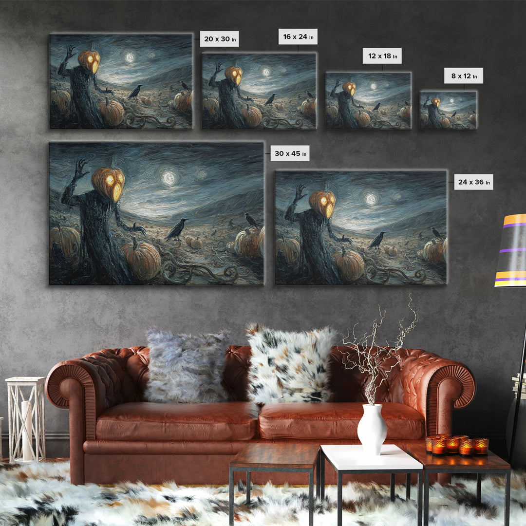 The Alien Pumpkin Patch, Expressionist Gothic Art, Landscape Wall Art, Dark Halloween Decor, Framed Canvas Print, Halloween Wall Art