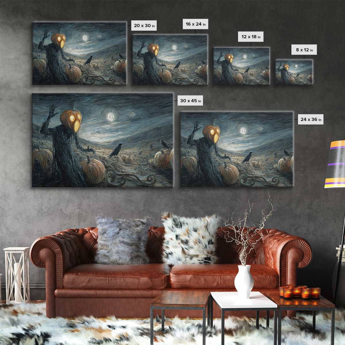 The Alien Pumpkin Patch, Expressionist Gothic Art, Landscape Wall Art, Dark Halloween Decor, Framed Canvas Print, Halloween Wall Art