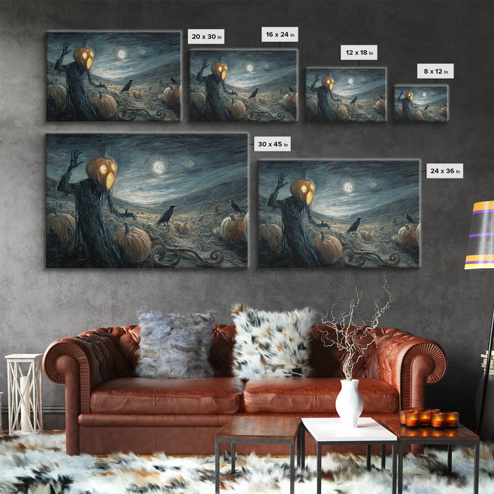 The Alien Pumpkin Patch, Expressionist Gothic Art, Landscape Wall Art, Dark Halloween Decor, Framed Canvas Print, Halloween Wall Art