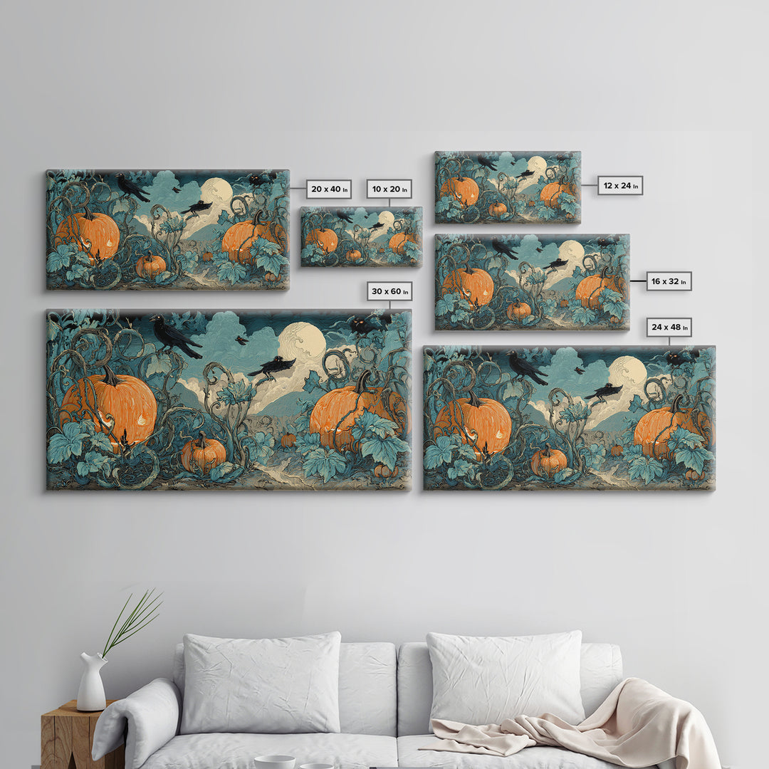 The Alien Pumpkin Patch, Macabre Folk Print Art, Wide Panoramic Art, Macabre Wall Art, Canvas Print, Halloween Wall Art